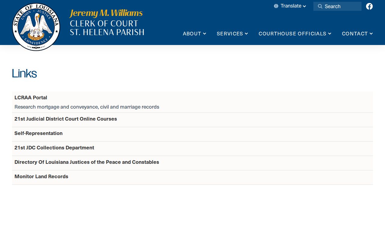 St. Helena Parish case search links at the Clerk of Court