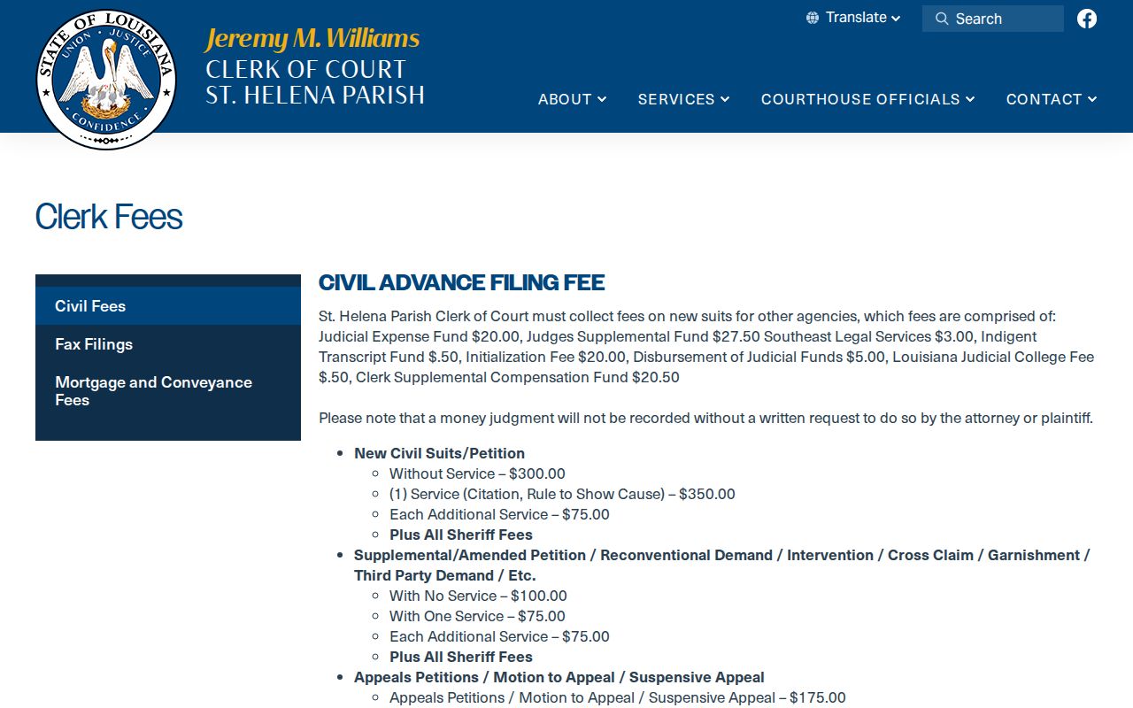 St. Helena Parish civil docket clerk filing and copy fee schedule