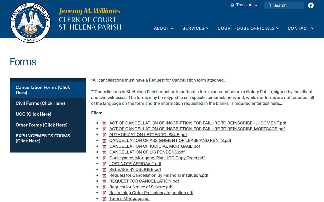 St. Helena Parish civil docket clerk forms and cancellation resources