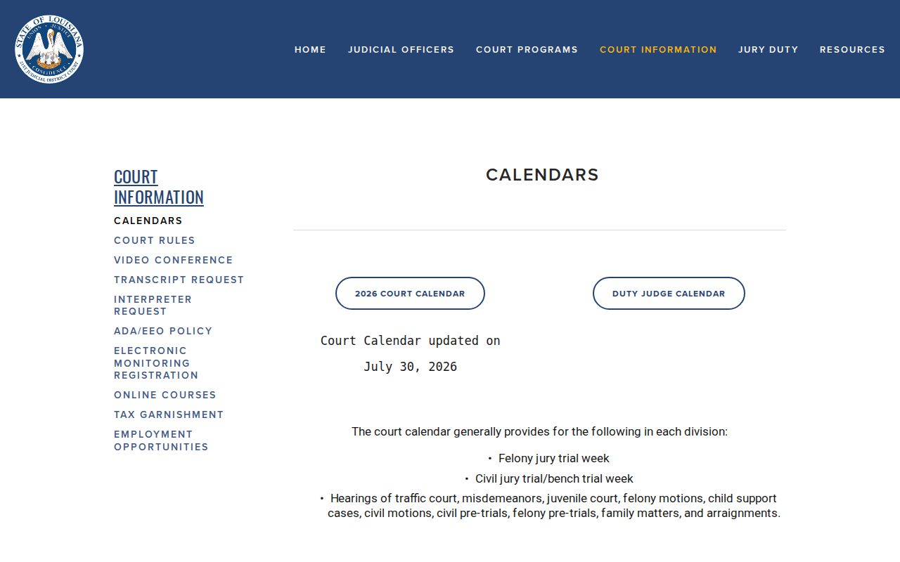 St. Helena Parish court calendar at the 21st Judicial District Court