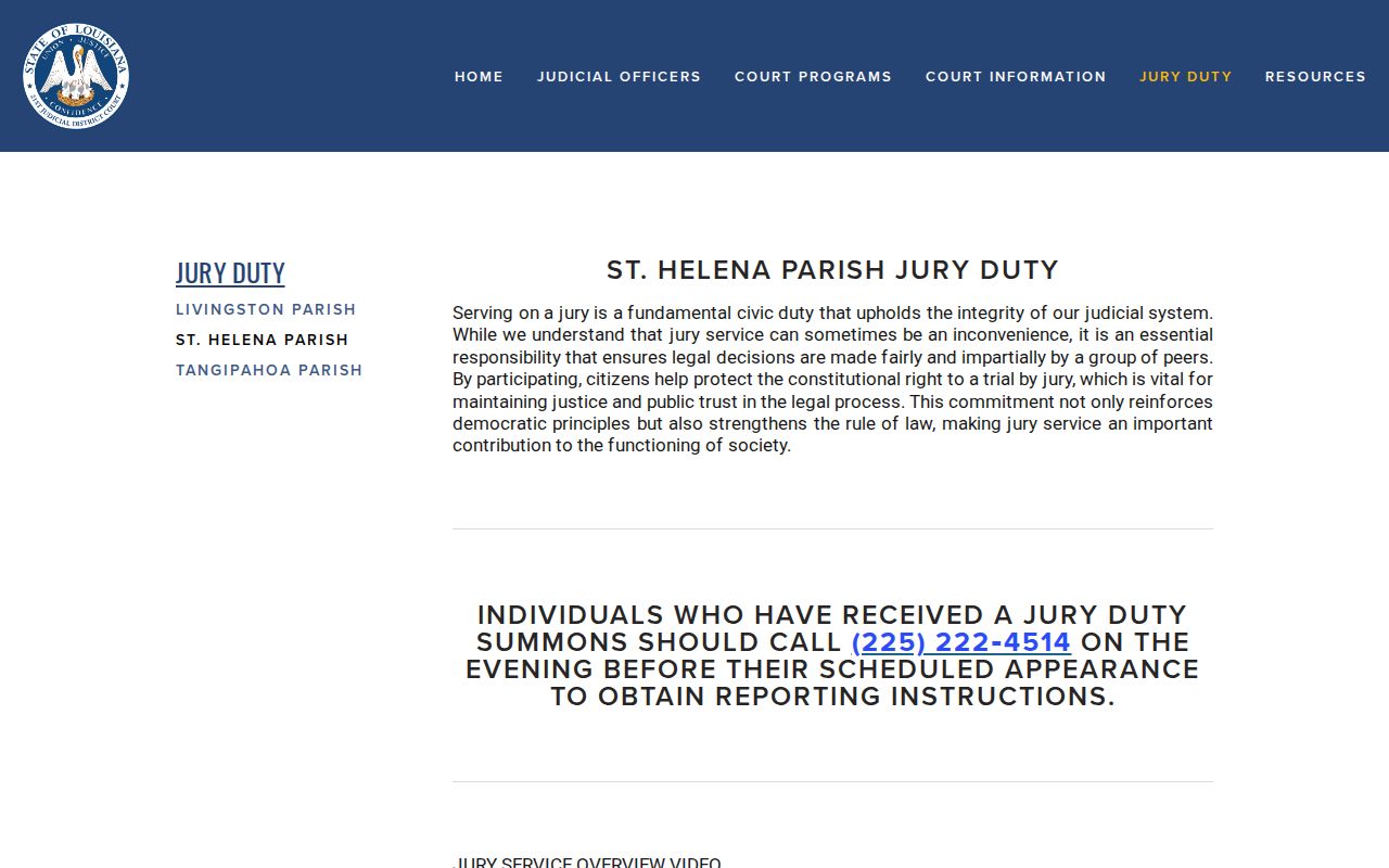 St. Helena Parish court calendar jury duty reporting instructions
