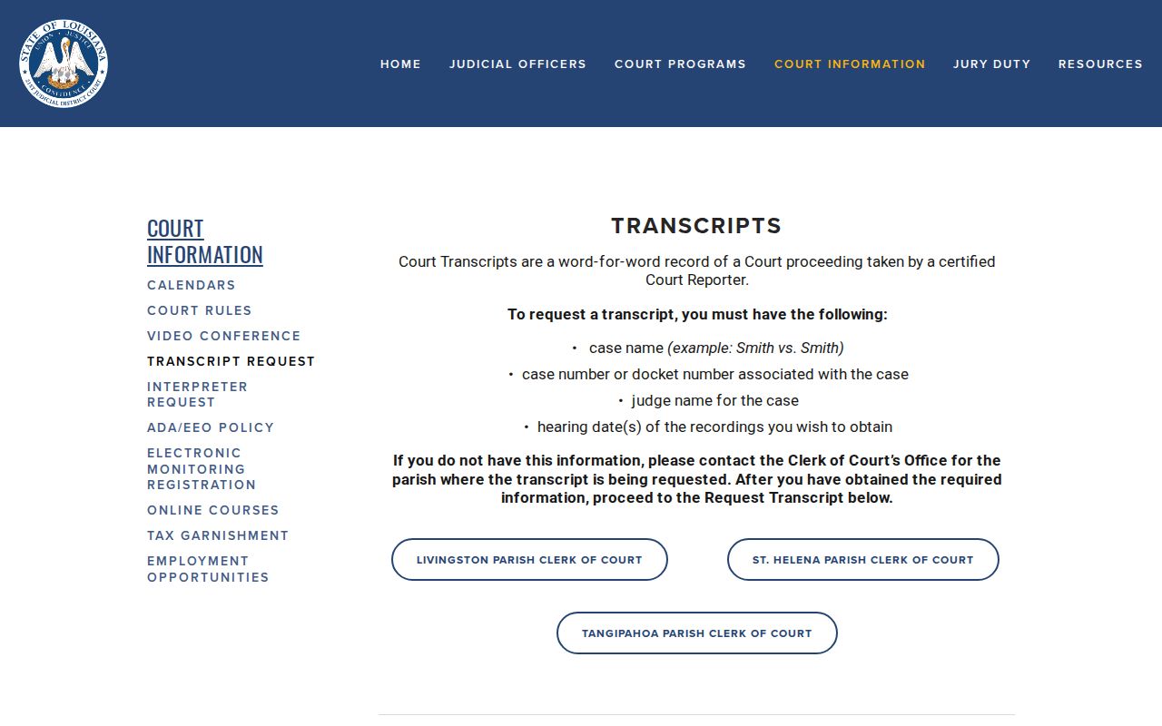 St. Helena Parish court records transcript request fields