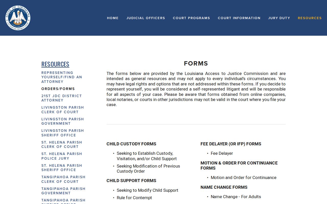 St. Helena Parish court records 21st JDC orders and forms page