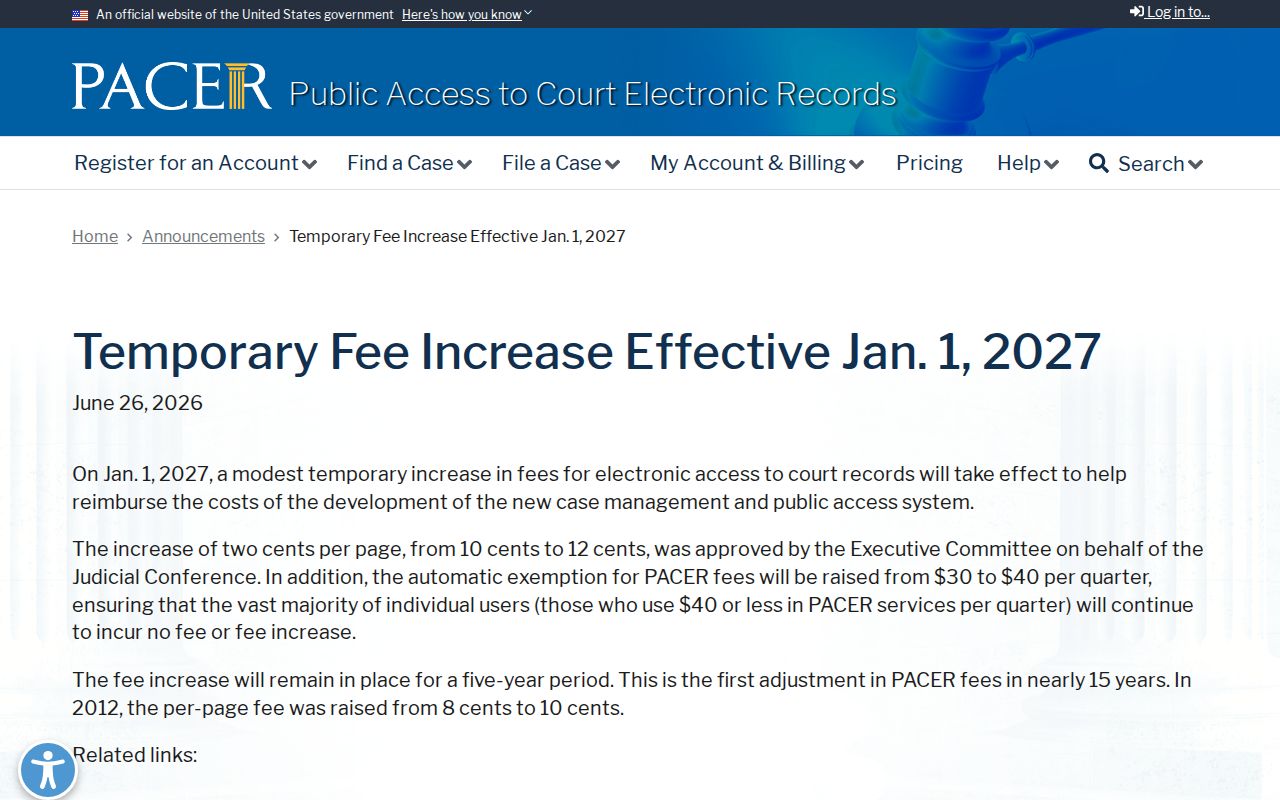 St. Helena Parish court docket PACER 2027 fee notice