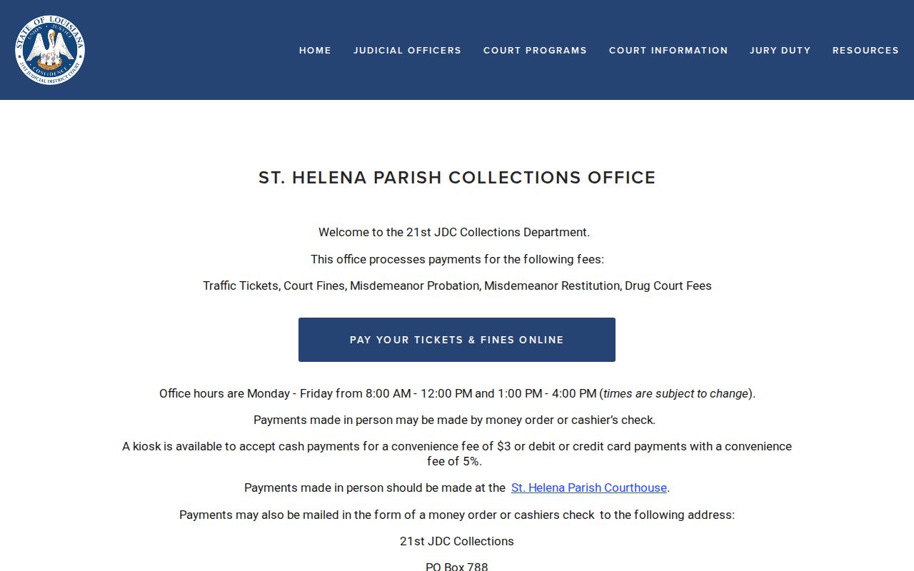 St. Helena Parish traffic court records collections payment channels